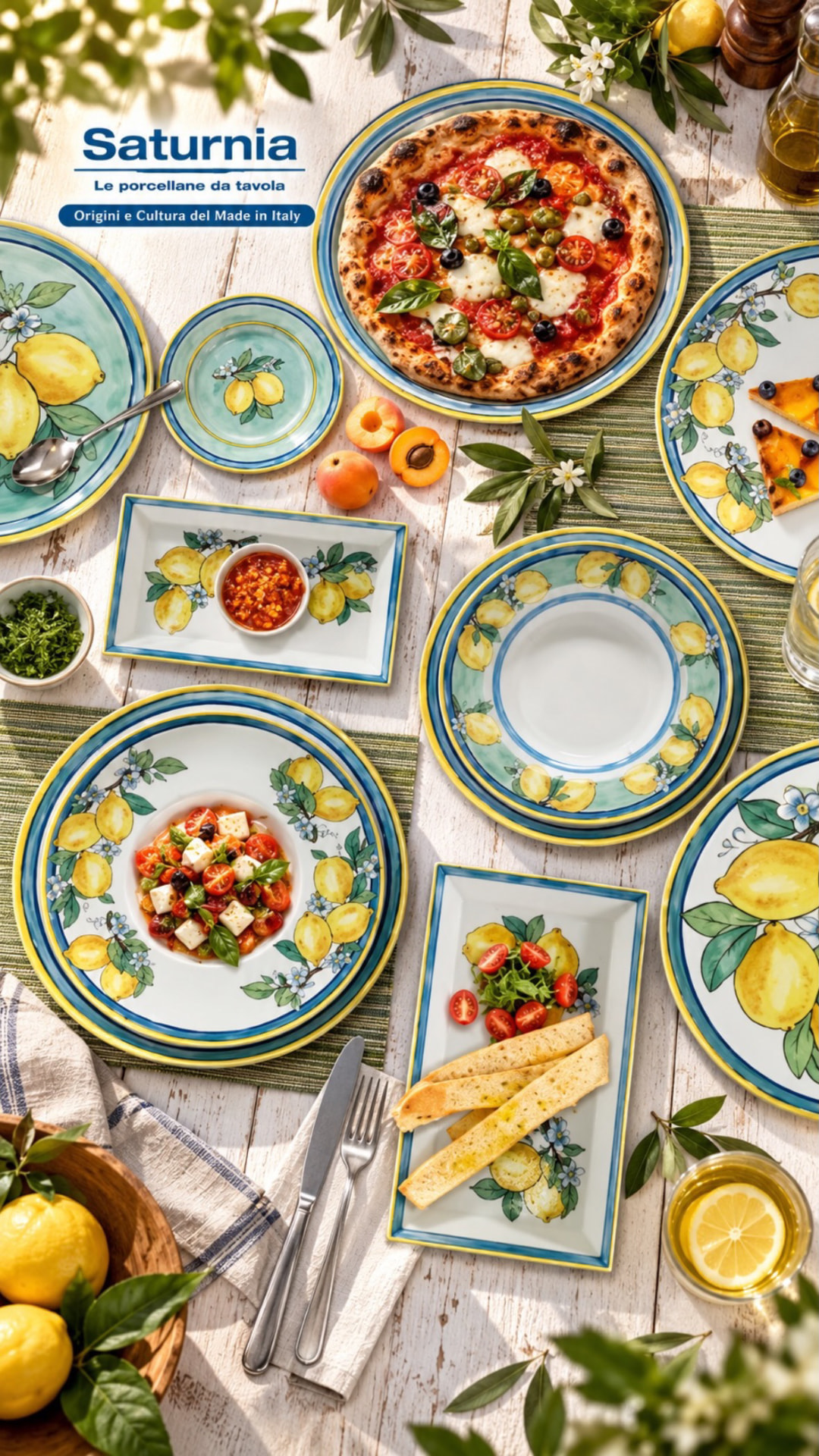 Pjata porcelani me dekor limonash, të servira me ushqim mbi tavolinë druri