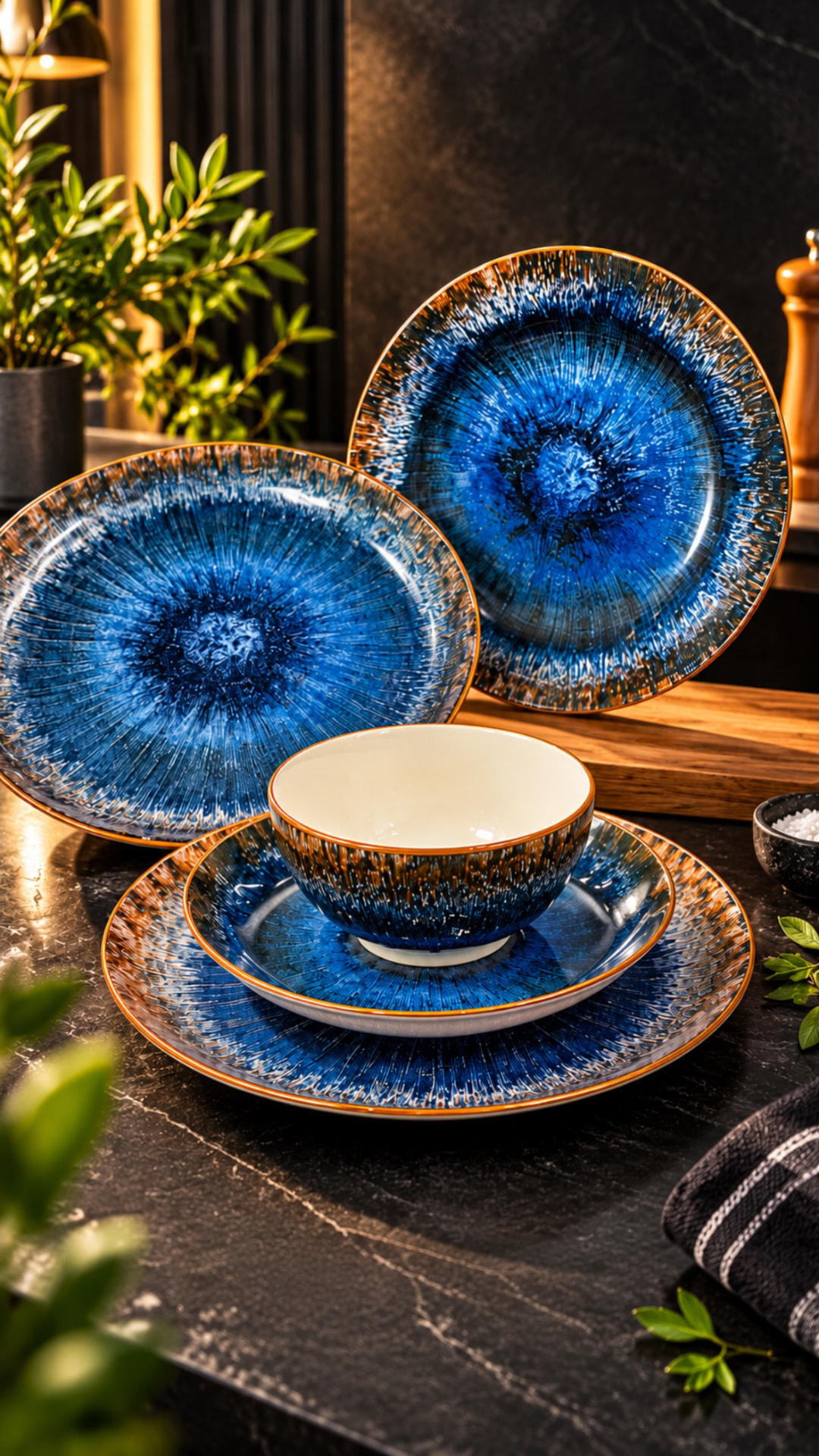Pjata porcelani blu me buzë ngjyrë bakri, të vendosura mbi banak mermeri