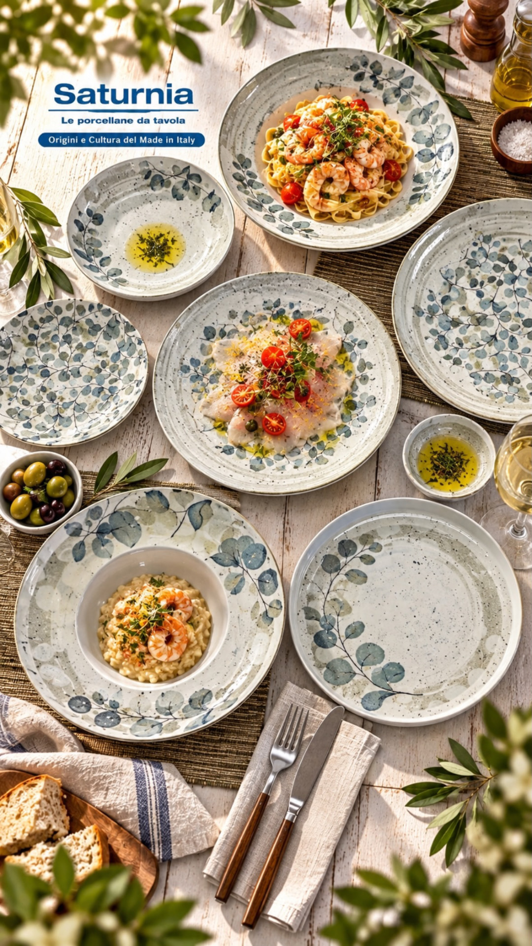 Pjata porcelani me motive gjethesh, të servira me makarona dhe rizoto